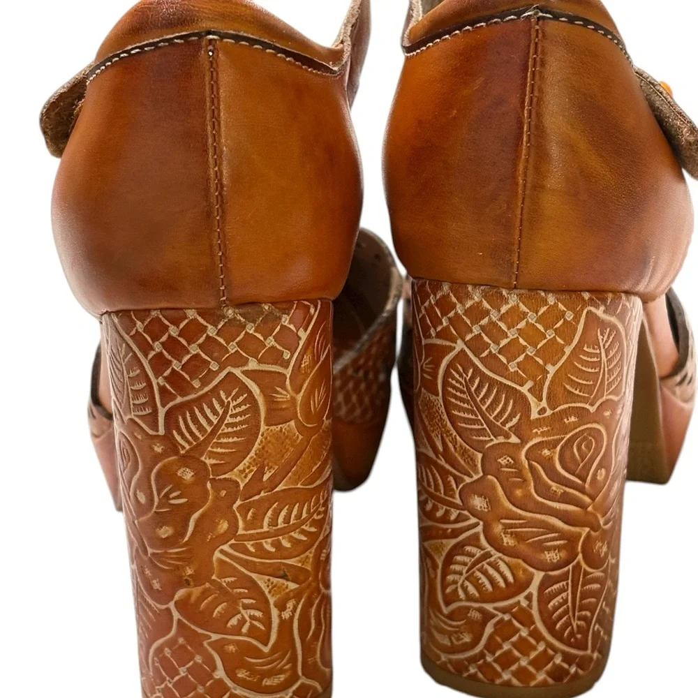 Spring Step Cognac Leather Platform Sandals with Carved Block Heel